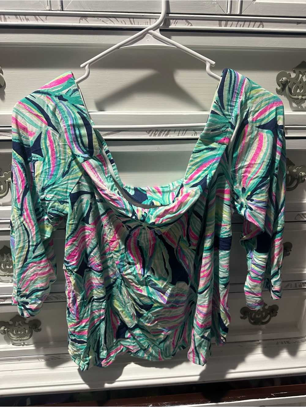 Lilly Pulitzer XL Pima Cotton Off Shoulder Puff Sleeve Top Tropical Print